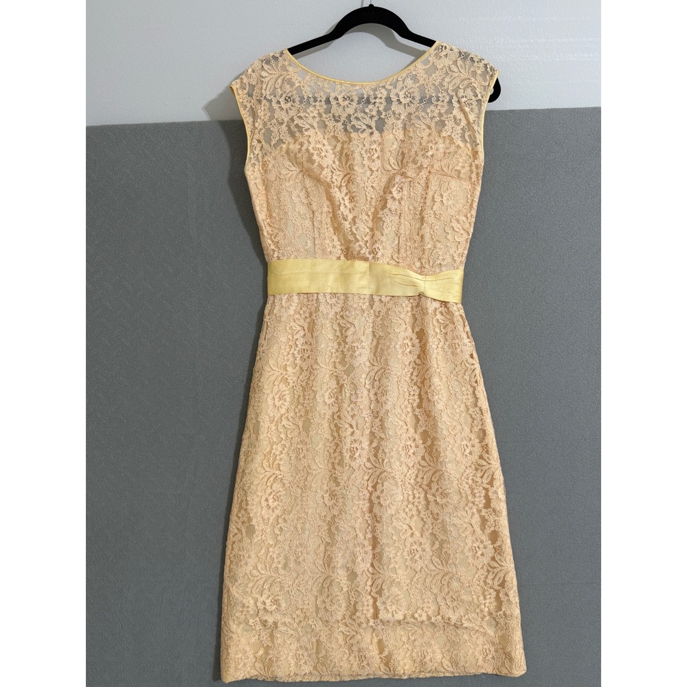 Vtg Peach Lace Sheath Dress Yellow Sash Metal Zip Womens‎ S 1960s